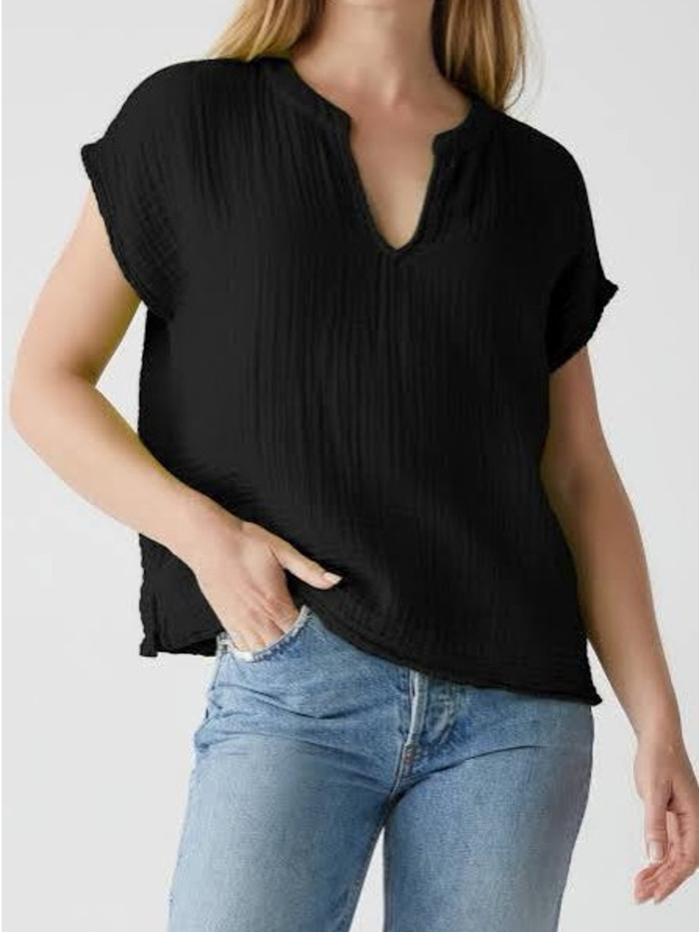 Michael Stars Naomi Black Gauze V-Notch Short Sleeve Top